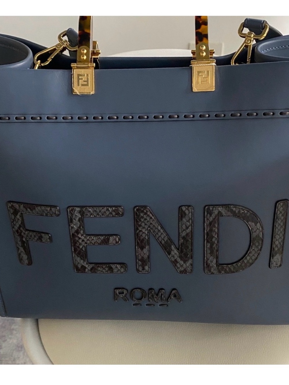 Fendi Blue Sunshine Leather Satchel with Tortoiseshell Handles and Gold Hardware